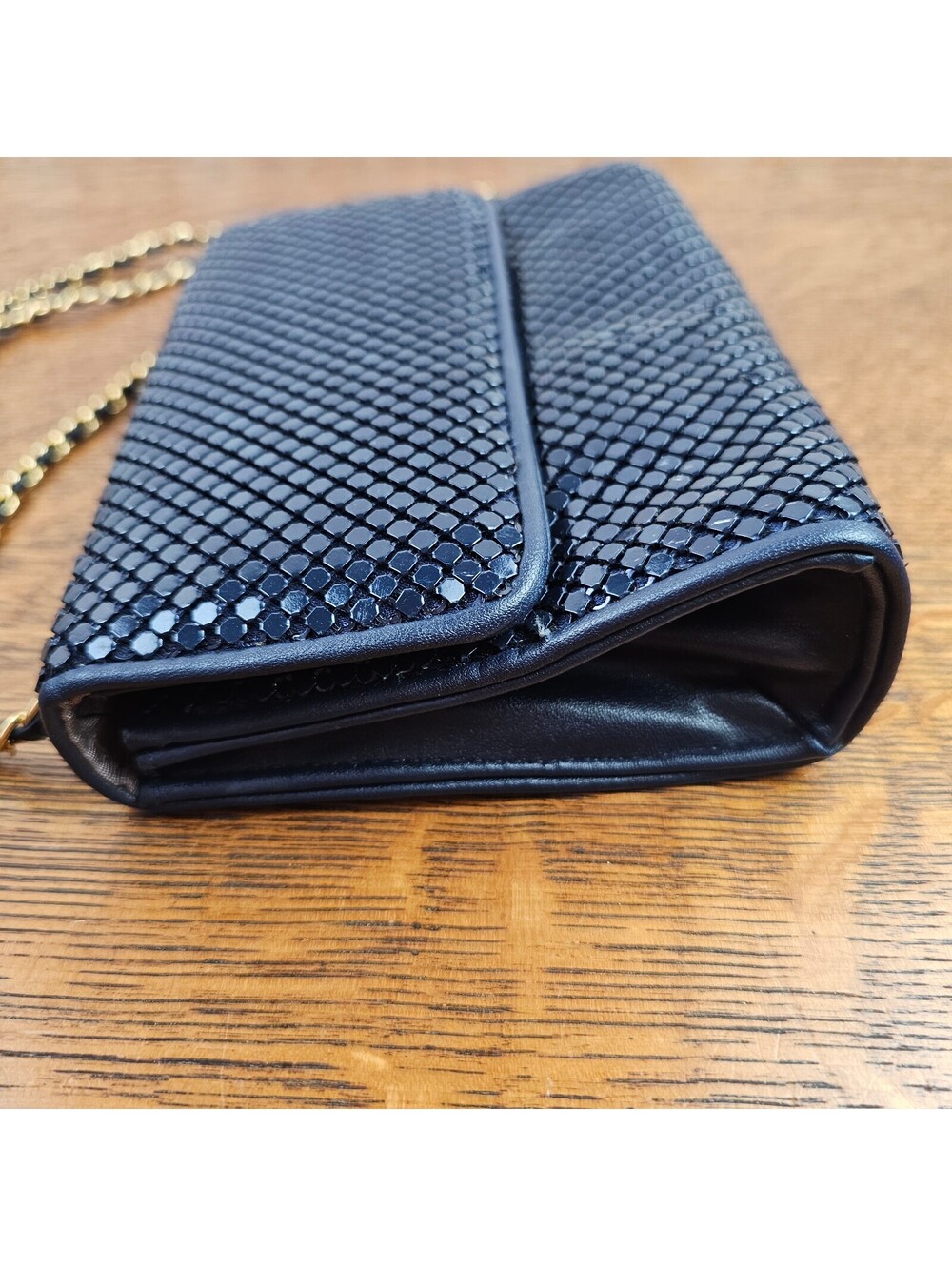 Vintage Whiting & Davis Navy Blue Metal Mesh Purse Gold Chain Shoulder Bag - Picture 5 of 15